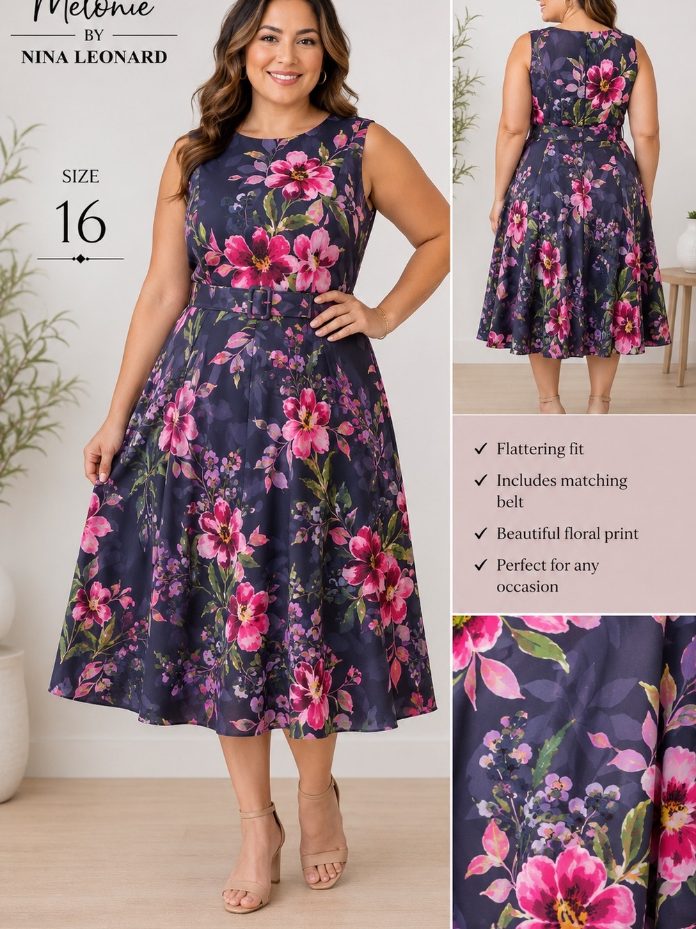 Nina Leonard Navy Midi Dress with Pink Floral Print